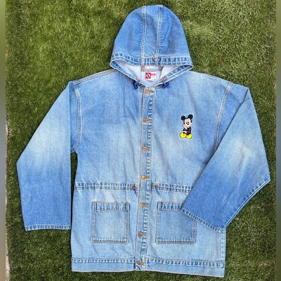 Vintage 90s Disney Mickey Mouse Embroidered Denim Barn Coat Jean Chore Jacket XL - Picture 1 of 13